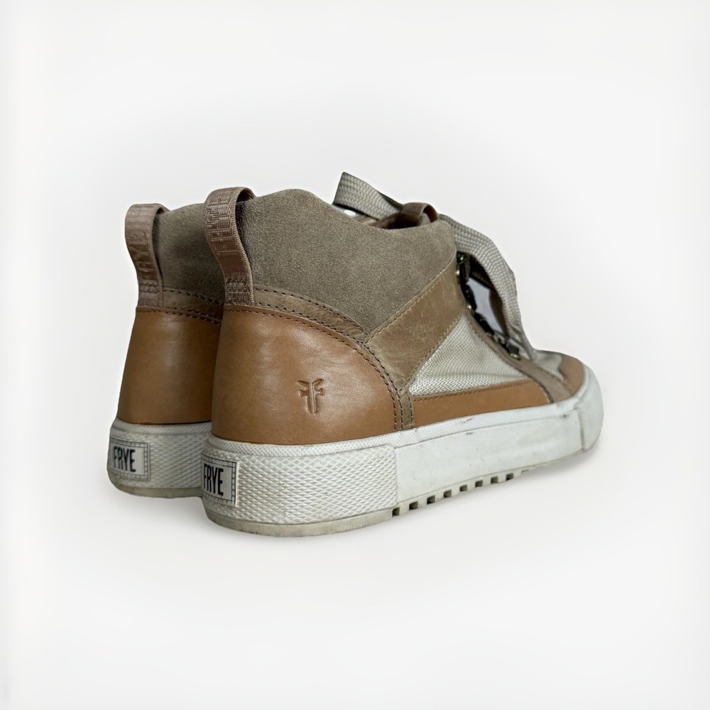 Frye Gia Lug Trail Sneaker Tan Leather Canvas High Top Shoes 6.5 Minimalist Chic - Picture 3 of 9